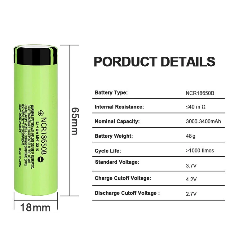 original, NCR18650B, 3.7V, 3400 mAh, 18650