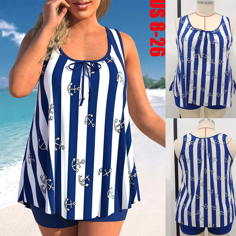 

2023 New Striped Print Tankini Set Two Piece Swimsuit Women U Neck Swimwear Female Sports Bathing Suit Beachwear Swimming