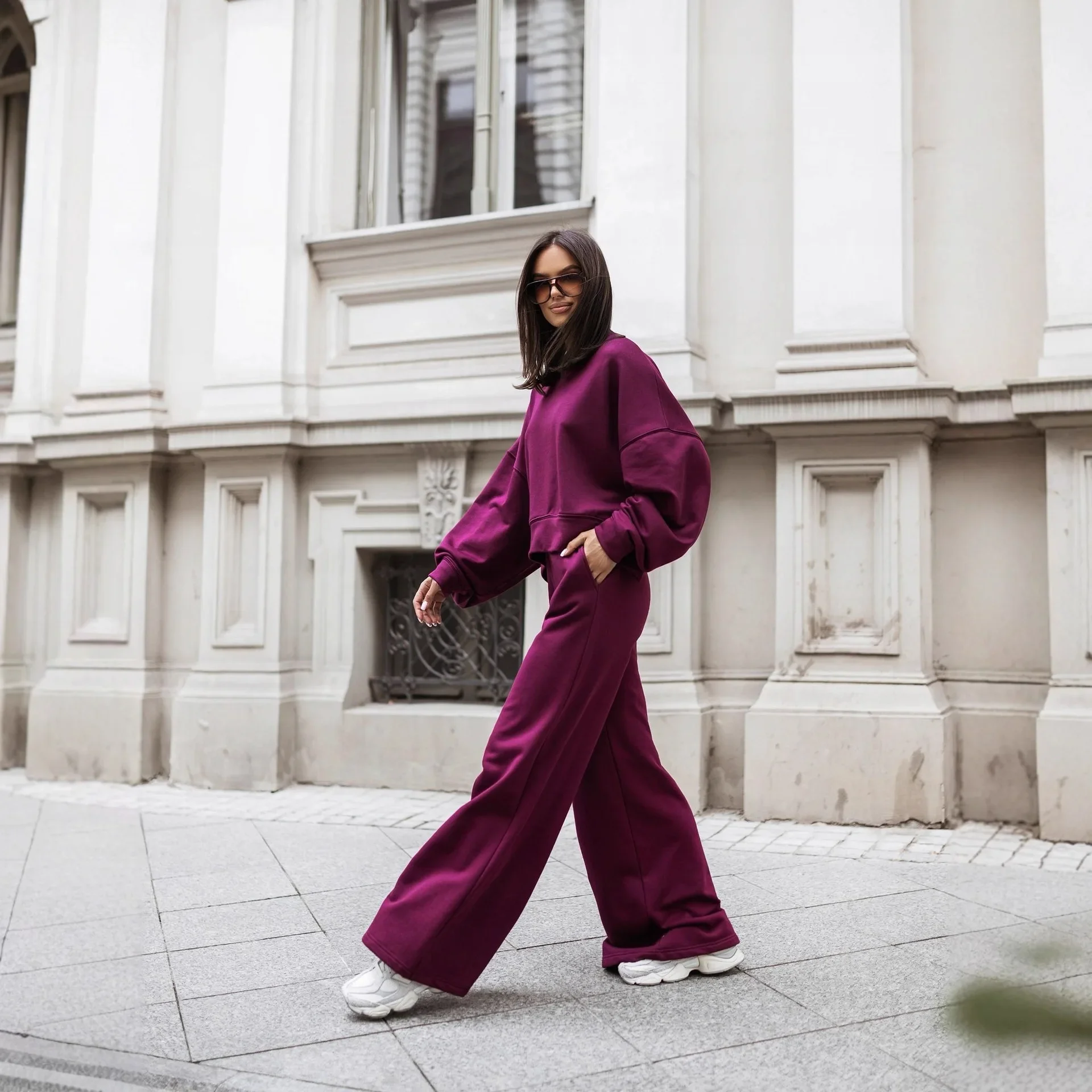 جولة الرقبة طويلة الأكمام واسعة الساق السراويل قطعتين مجموعة عارضة الكورية نمط البلوز مجموعة النساء الخريف الشتاء أزياء الزي