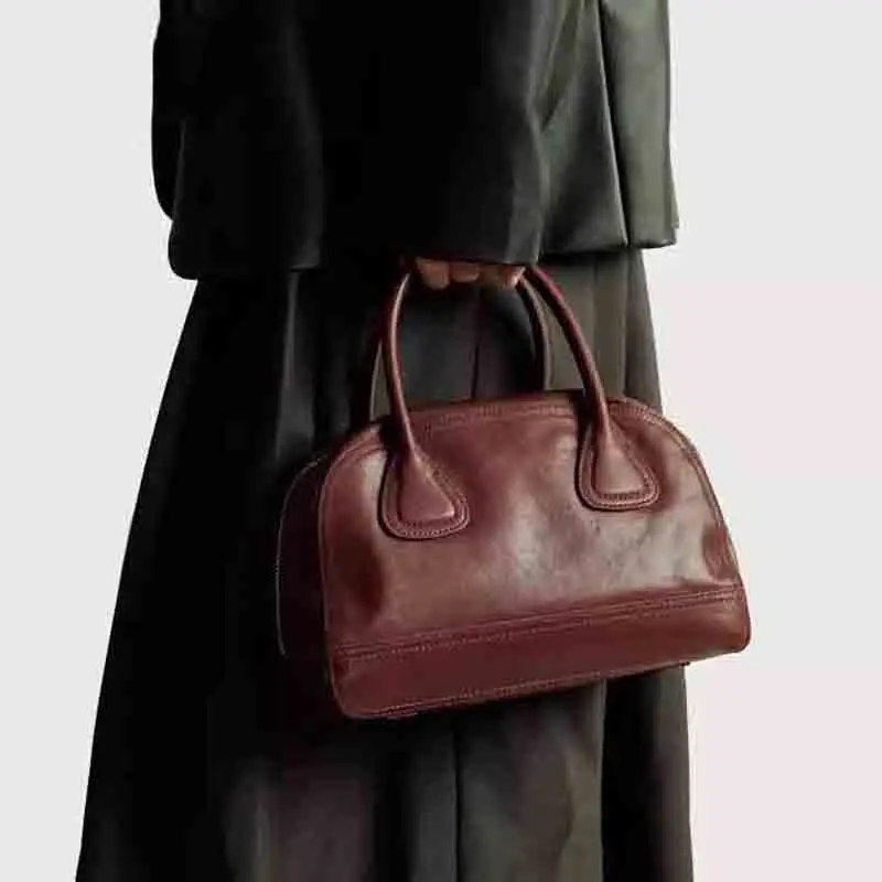 Women's Luxury Genuine Leather Vintage Zipper Handbag Small Size Tote Real Cowhide Singel Shoulder Bags