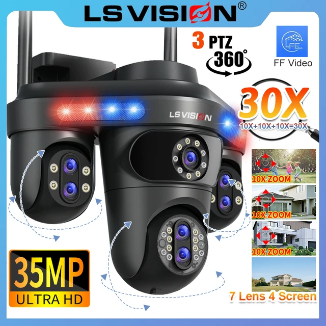 LS VISION 10XZoom 4 écrans WiFi caméra IP extérieure 35MP 7 objectifs Surveillance vidéo trois 360 PTZ suivi automatique caméras de sécurité 1