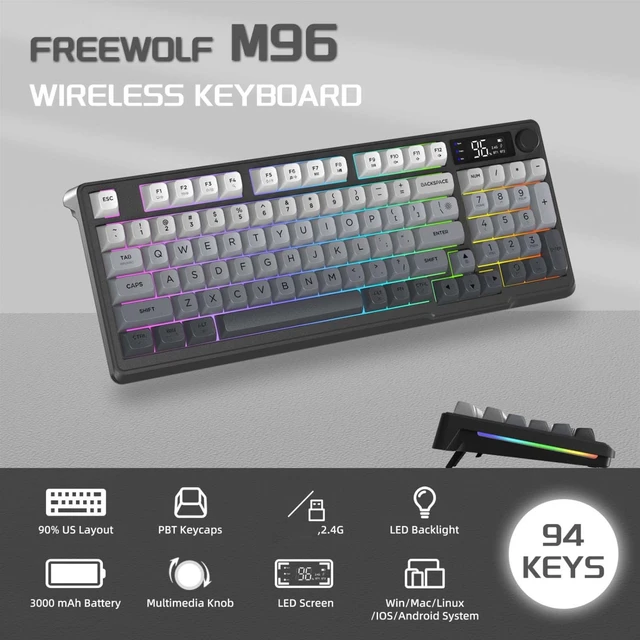 Freewolf M96 Wireless Gaming Keyboard, Knob Control BT/2.4g,