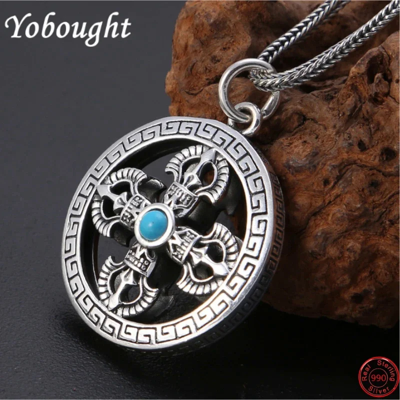 

S990 sterling silver pendants for women men new fashion Hollow Cross Vajra Pestle turquoise punk jewelry amulet free shipping