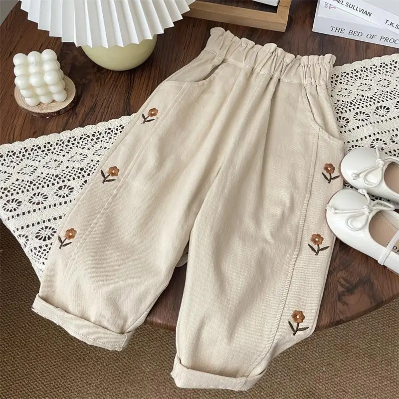 Spring Autumn Toddler Girls Casual Pants Flower Embroidery Solid Cotton Baby Girls Harem Pants Children Trousers girls pants kids pants girls trousers