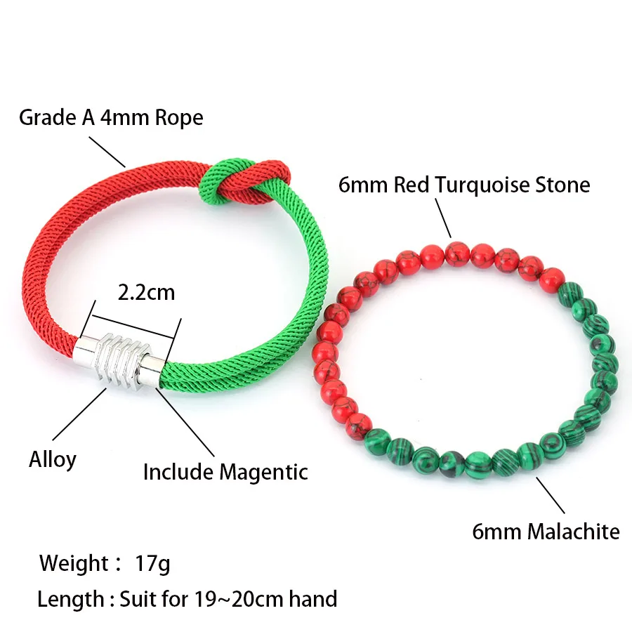 Green Red Howlite Beaded Christmas Bracelet Set For Men