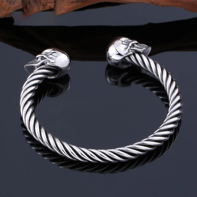 High Quality Stainless Steel Double Skull Bracelet Vintage Men Accessories Skeleton Bangle Fashion Charm Biker Jewelry