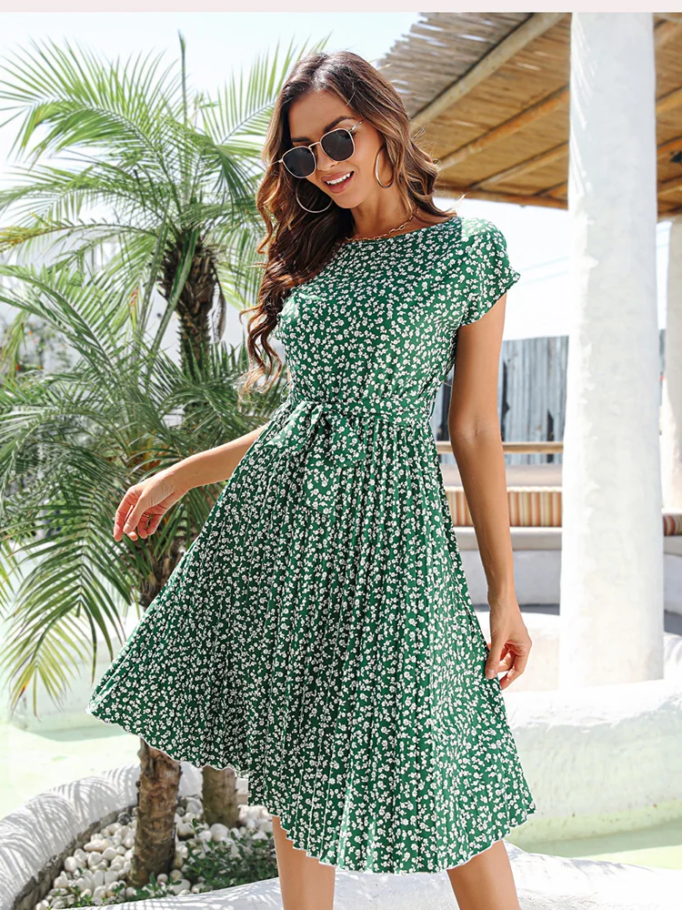 

Summer Women Floral Dress Fashion O-neck Short Sleeve Pleated A Line Long Dress Casual Beach Party Dresses For Women Robe Femme