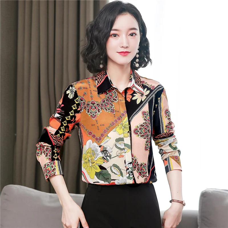 Women Satin Silk Shirts Spring Summer Long Sleeves Fashion Floral Print Ladies Work Shirts Blouses Casual Loose Tops 2022 New cool sleeves ice silk sunscreen sleeves ladies summer anti ultraviolet arm guards sunshade riding ice sleeves hand sleeves