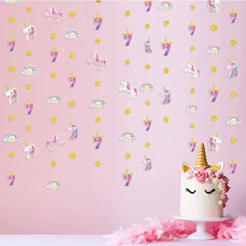Unicorn 7th Birthday Party Banner Decorations for Girls Garland Streamer Backdrop Number 7 Happy Birthday 7 Years Old Supplies