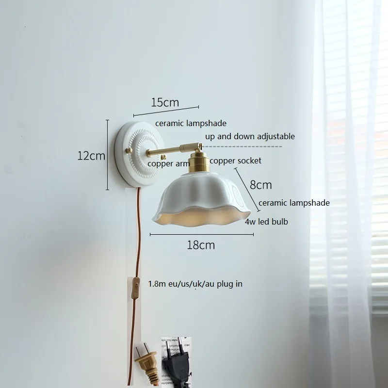 IWHD White Ceramic LED Wall Light Fixtures Copper Arm Socket Bedroom Living Room Beside Lamp Modern Wandlamp Applique Murale