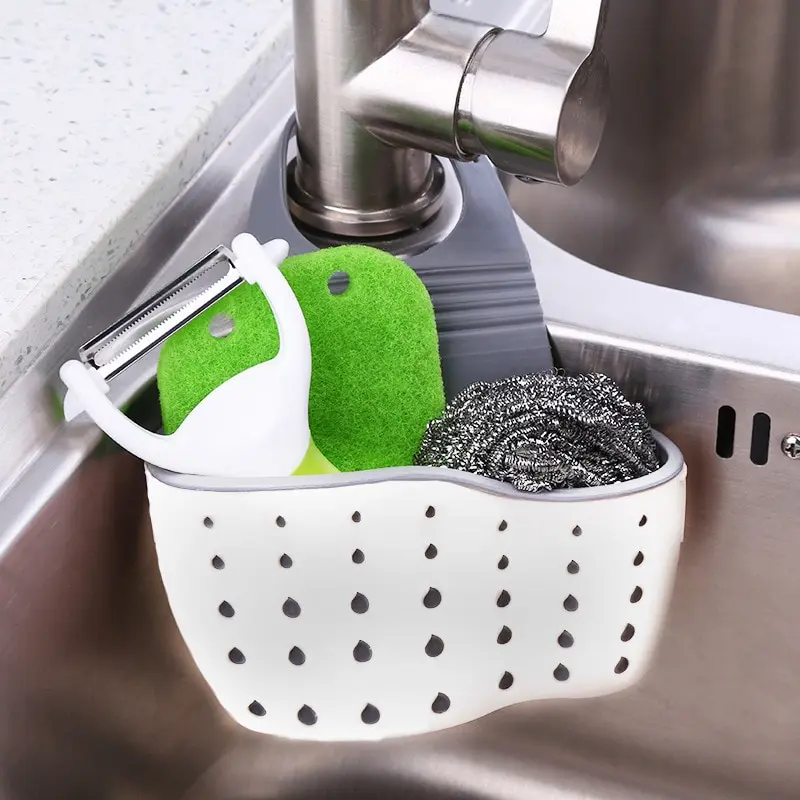 Kitchen Supplies 1pc Double Sink Draining Hanging Bag Adjustable Press Faucet Shelf Sponge Double Basket Storage