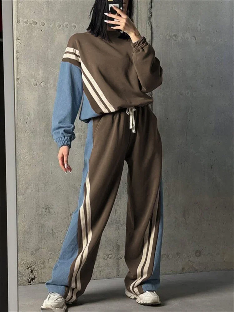 Ladies 2 Piece-Set Drawstring Trousers Contrast Lace-Up Autumn Pullover And High Waist Women Pants Outfits Tracksuit
