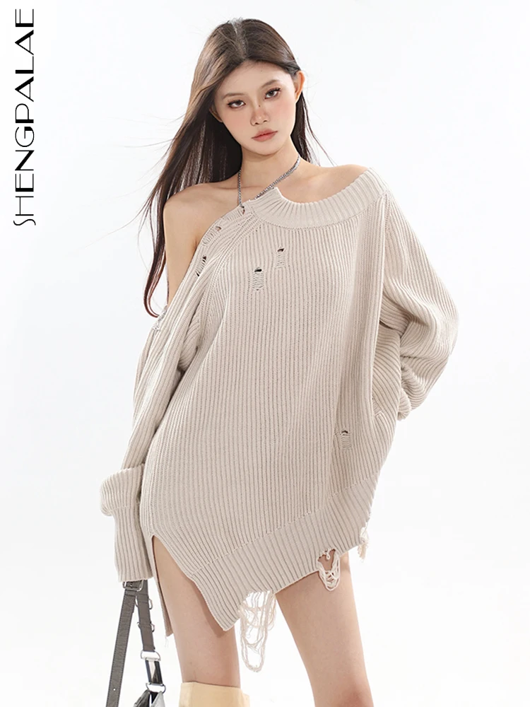 

SHENGPALAE Off Shoulder Zipper Full Sleeve Sweater For Women Autumn 2023 New Broken Tassel Solid Color Knit Pullover Tops 5R5909