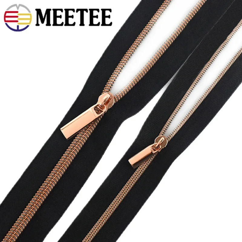 10Meter 3# 5# Nylon Zipper Tape with RoseGold Zips Puller Slider Decor Zippers Bag Clothes Coat Closure Zip DIY Sewing Accessory