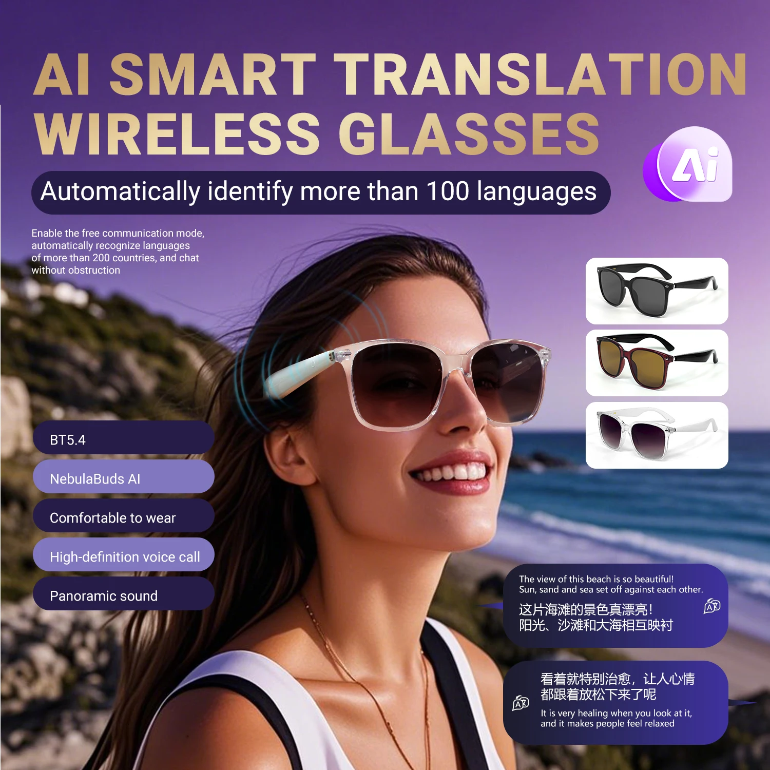 LIGE Smart Bluetooth Sunglasses Wireless Headphones AI Intelligent Translation 100+ Languages Outdoor Sports Calls Music Glasses