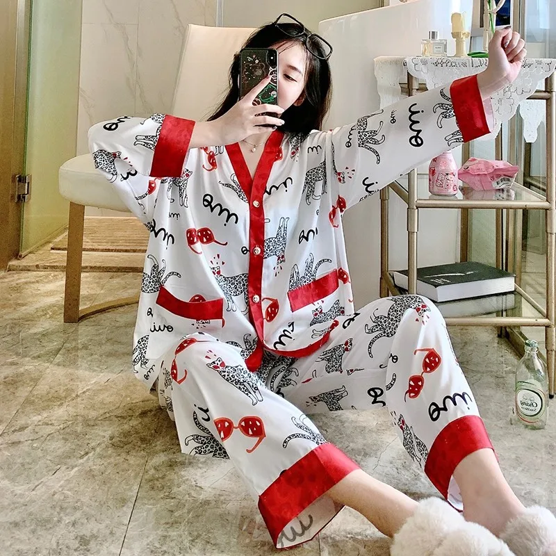Chic Spring Summer Long Sleeve Sleepwear For Women Ice Silk Homewear Clothing Lady Sleepwear Loose Nightwear Suits