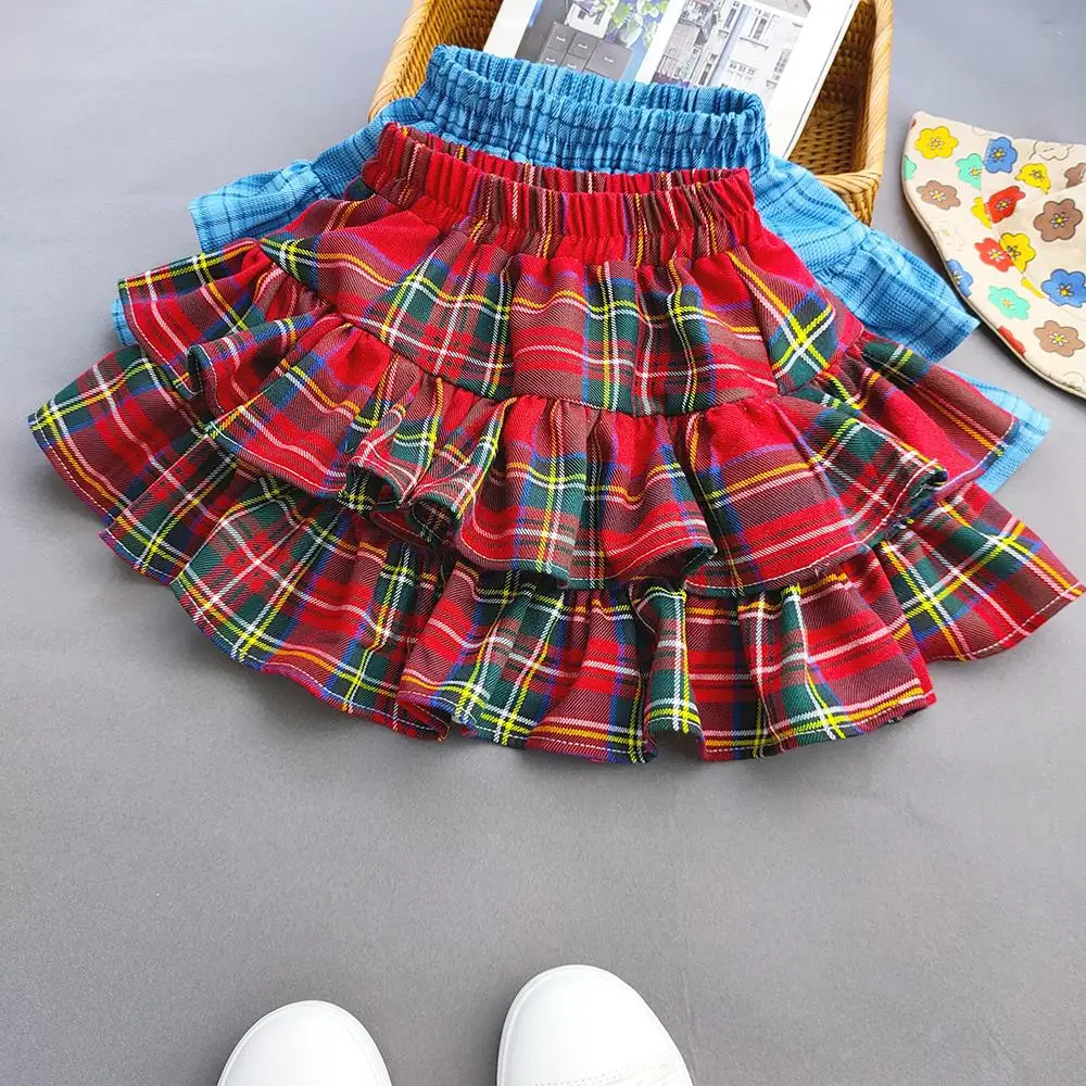 Kids Baby Girls Plaid Ruffled Cake Skirts Princess Ball Gown Pleated Tutu Summer Autumn Children Short Skirt