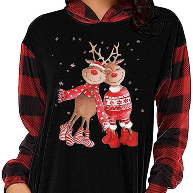 Women Autumn and Winter Fashion New Hooded Pullover Contrast Printing Pockets Splicing Christmas Long-sleeved Sweatshirt