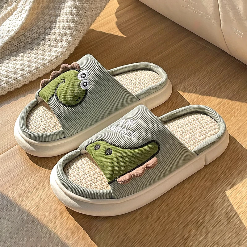 Casual Platform Slippers Women Home Cotton Hemp Cute Cartoon Dinosaur Designer Shoes Girls Flats Fashion Slipper Ladies Open Toe 5