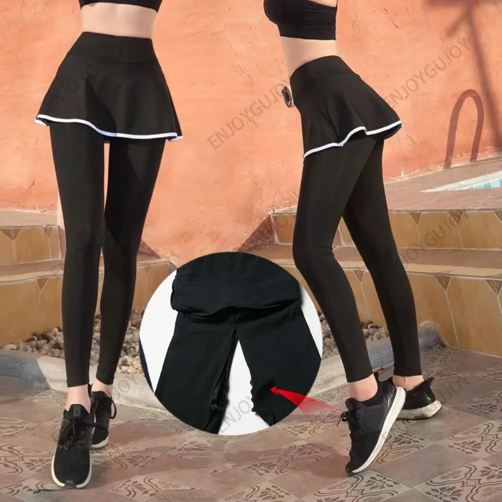 Invisible Open Crotch Outdoor Sex Dance Fake Two-Piece Skirt Elastic High Waist Fashion Culottes Running Workout Pants