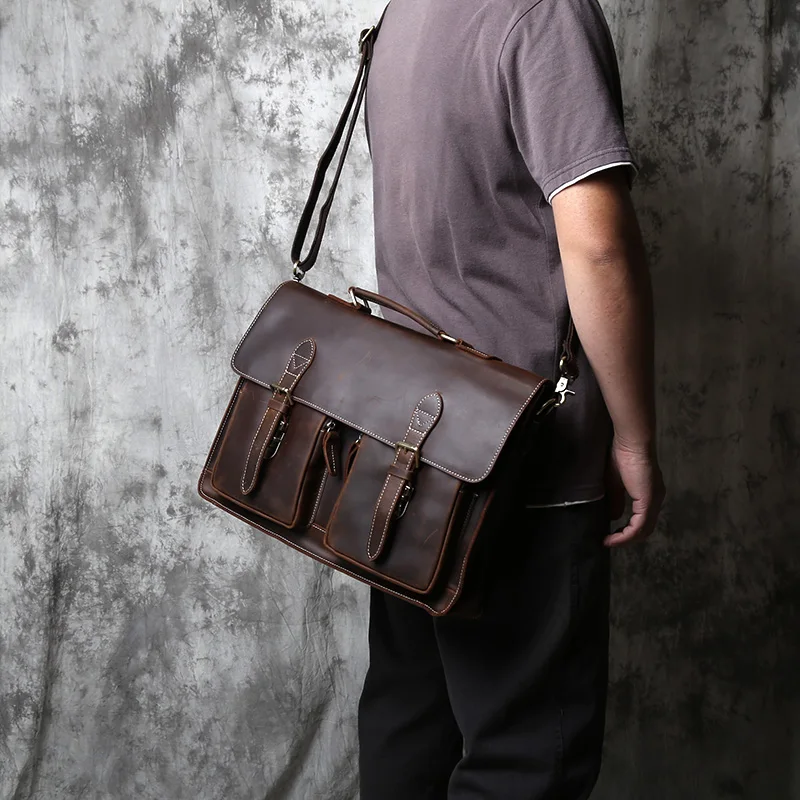 NZPJ Retro Leather Men's Handbag Crazy Horse Leather Horizontal Computer Bag Top Layer Leather Men Casual Shoulder Messenger Bag