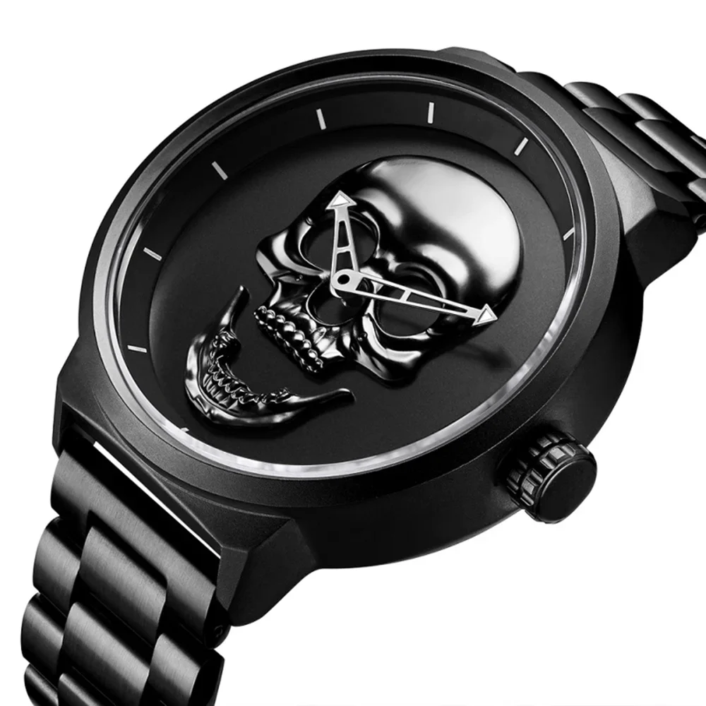 Men Watches Cool Punk 3D-Skull Stainless Steel Top Luxury Brand Sports Quartz Movement Waterproof Shockproof Male Wristwatches 3