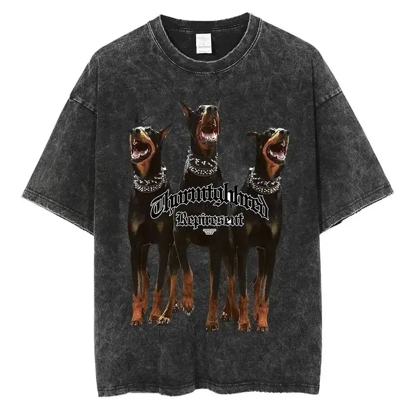 Rottweiler Doberman 남성용 레트로 그래픽 티셔츠, 빈티지 워싱 반팔 티셔츠, 힙합 오버사이즈 티셔츠, 스트리트웨어
