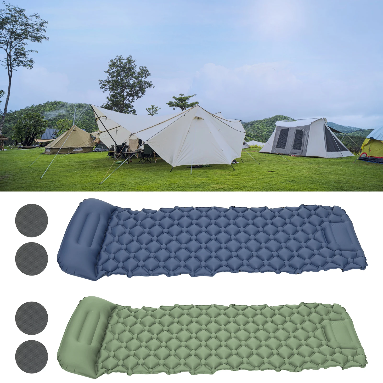 Waterproof Nylon Inflatable Camping Sleeping Pad with Pillow for Outdoor Hiking