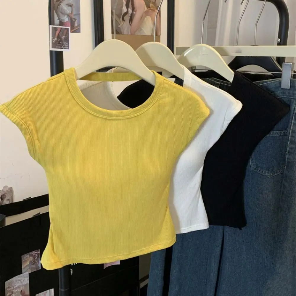 Fashion Hollow out Beauty Back T-shirt Short Sleeve Round Neck Slim Crop Tops Bottoming Shirts Y2k Vest with Pads Woman