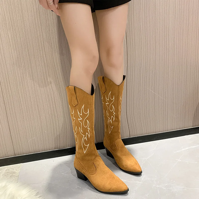 2022 Women Western Cowboy Boots Pointed Women's Shoes Printing Mid Calf Boots Winter Chunky Heel Wedges Knight Botas Feminina