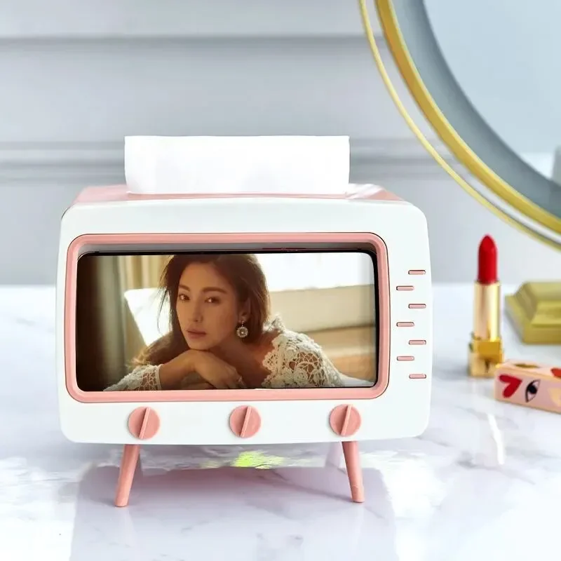 Multi-functional Desktop TV Tissue Box Creative Retro Style Mobile Phone Holder Storage Box Modern Simple Style Pp Material