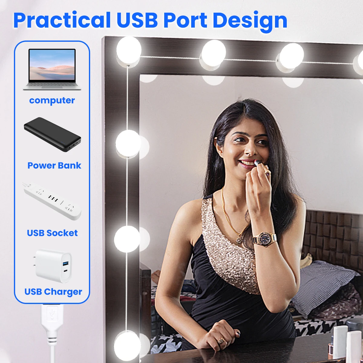 LED Vanity Lights Strip Kit 10 Dimmable Bulbs, 3 Color Modes & 10 Adjustable Brightness, USB Line for Body Makeup Bathroom Wall