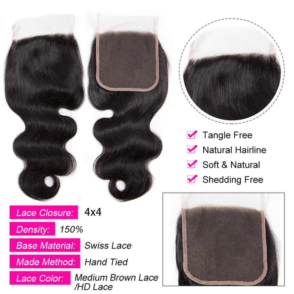 Human Hair Lace Product 4X4 Lace Closure Peruvian Straight Deep Water Wave Curly Closure Human Hair Natural Color Remy Hair Swiss Lace 10-24 inches