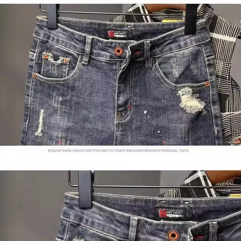 Spring Season Men's Jeans Deep Blue Slim Fit Korean Style Slims Smooths Your Silhouette Trendy Men's Wear Ripped Pants men jeans ripped jeans ripped patchwork jeans
