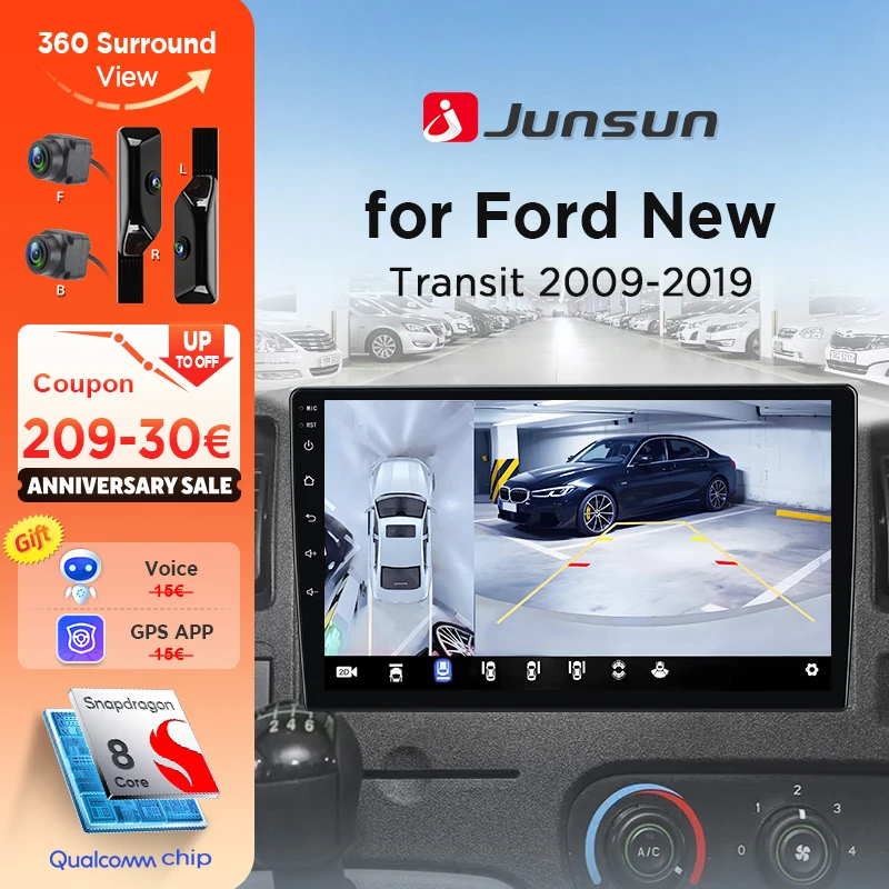 Junsun 360 ° Panorama-Kamera-Autoradio für Ford New Transit 2009 - 2019 Wireless CarPlay Bildschirm Android Auto Stereo GPS Navi RDS