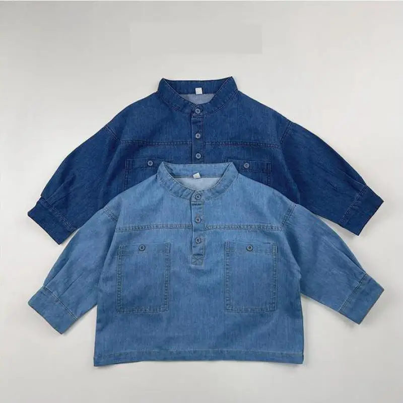 Spring New Boys Girls Denim Shirts Kids Long Sleeve Loose Tops Infant Toddler Casual Large Pocket Shirts Children Clothes