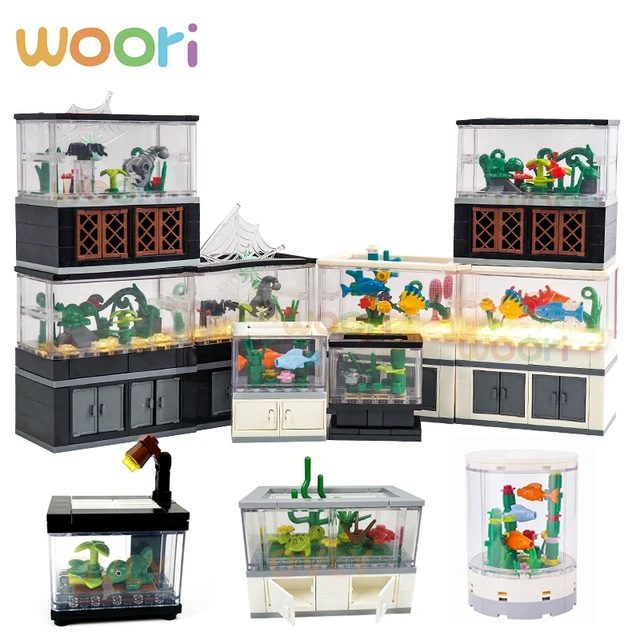Creative Building Blocks MOC City Scene Fish Tank LivingRoom Interior Decoration Assembled DIY Fish Reptile Lobster Climbing Pet 1