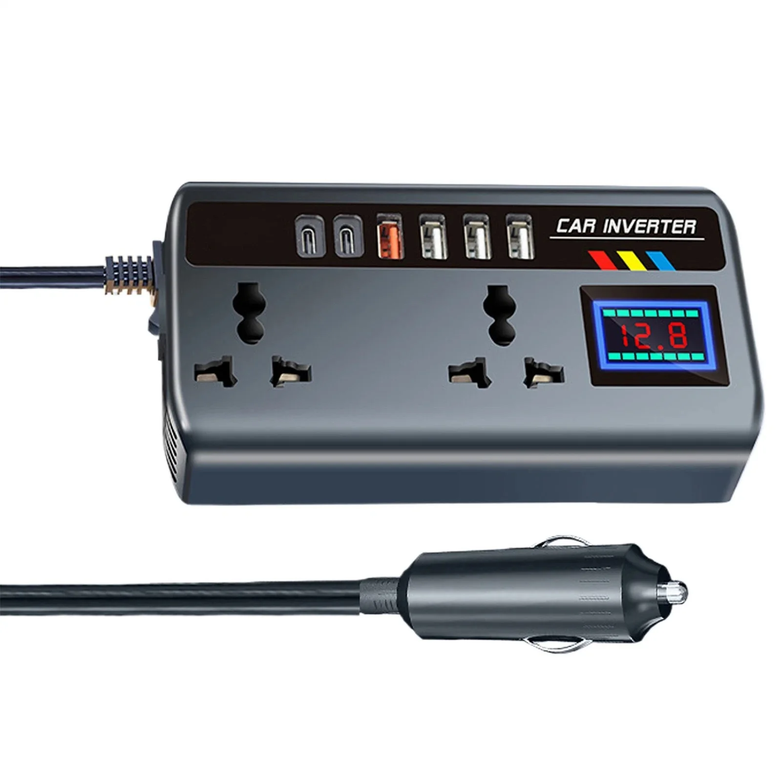 Inversor de cargador automotriz portátil, adaptador de salida de 12V/24V a 220V con 3 puertos USB, cargador rápido para coche, camión, SUV, RV