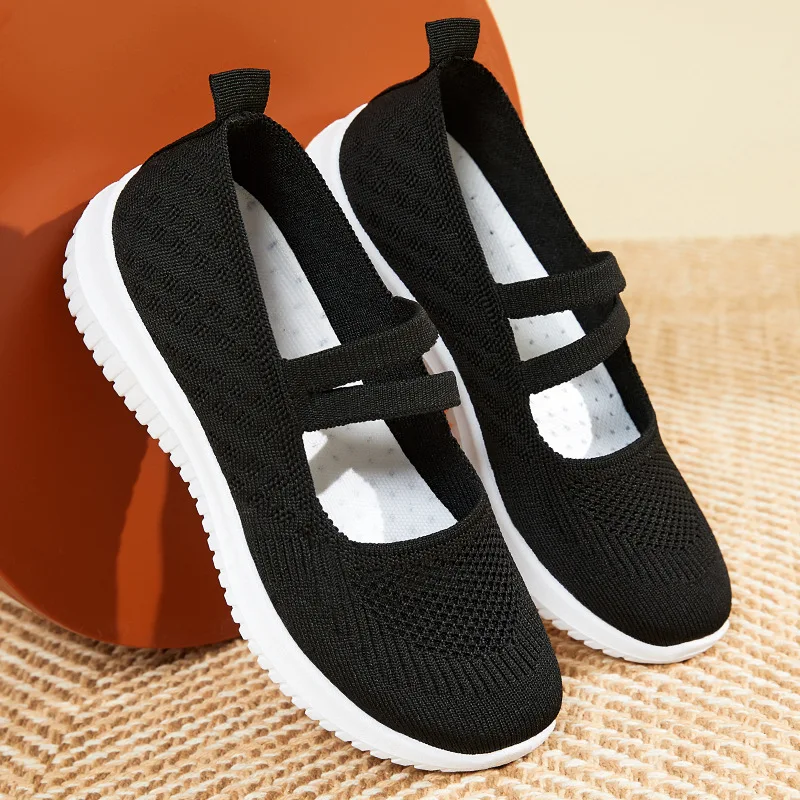 Women Flat Shoes Knitting Breathable Sneakers Mary Jane Female Walking Shoes Non Slip Ladies Casual Footwear Mom Loafers Sneaker