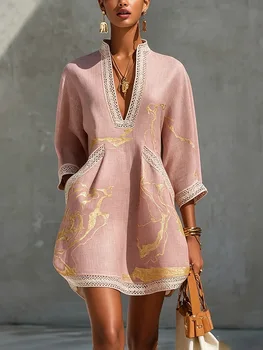Mini abito elegante da donna, con finiture in pizzo, scollo a V, stampa astratta, maniche a 3/4, tasche, abito casual per il lavoro e le vacanze