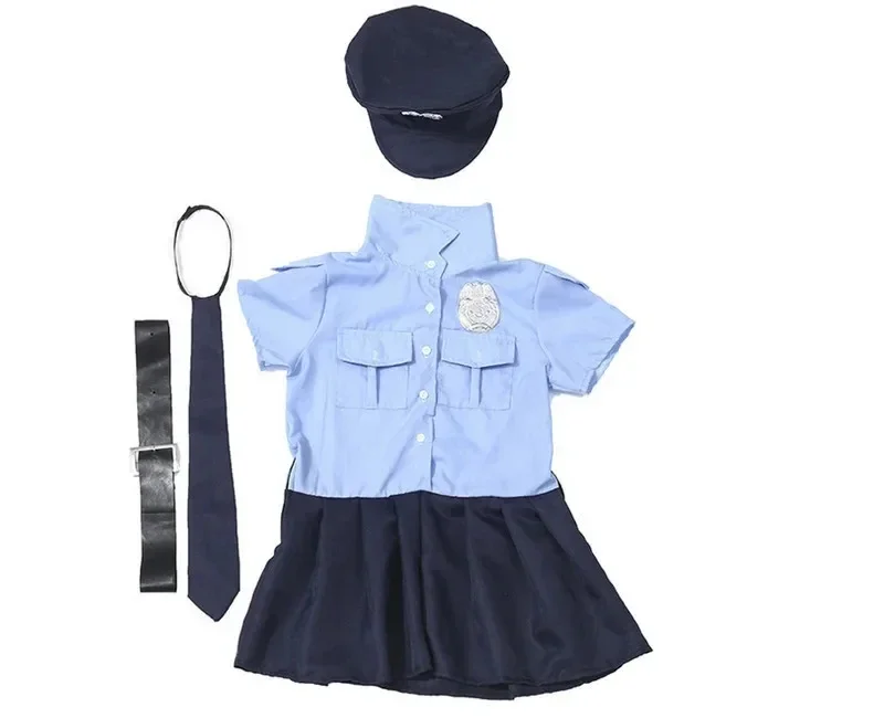 Girls Police Officer Work Uniform Halloween Role Play Button Costume Police Toy Accessory with Walkie Talkie Whistle Baton Gift