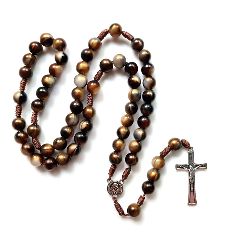 Catholic Rosary Necklace Brown Beads Cross Long Chain Handmade Religious Ritual Accessories