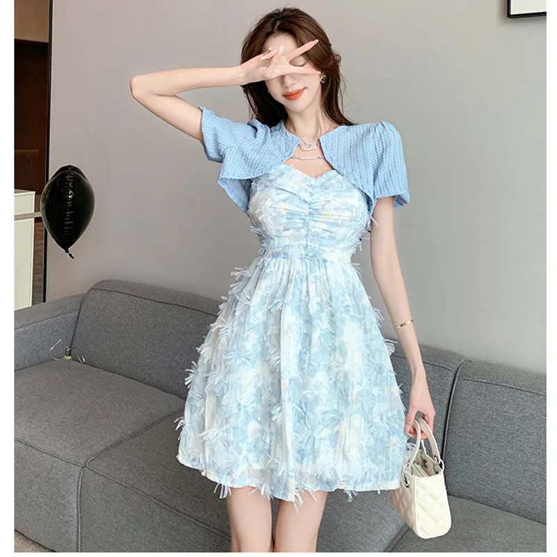 

2023 Dress Summer New Design Sense Short Sleeve Top Fragmented Tassel Two Piece Set Sling Free Shipping