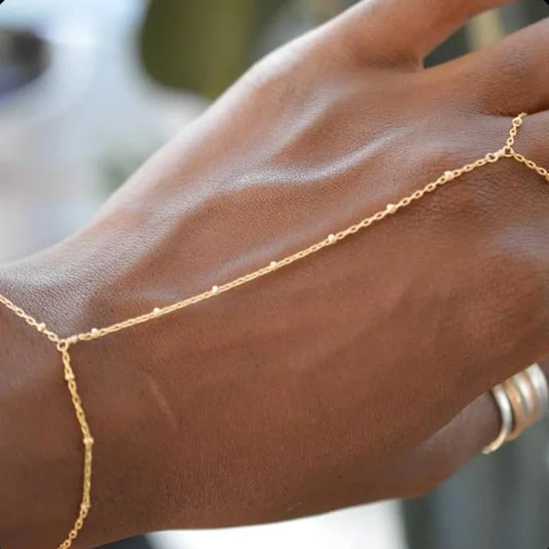 Elegant Gold-Plated Dainty Hand Chain Bracelet with Ring - Handmade Link Jewelry