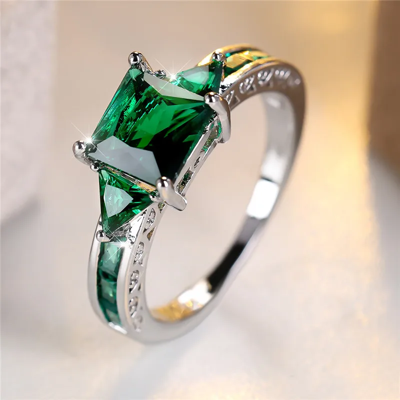 Cute Female Green Red Square Zircon Stone Engagement Ring Silver Color Wedding Jewelry For Women