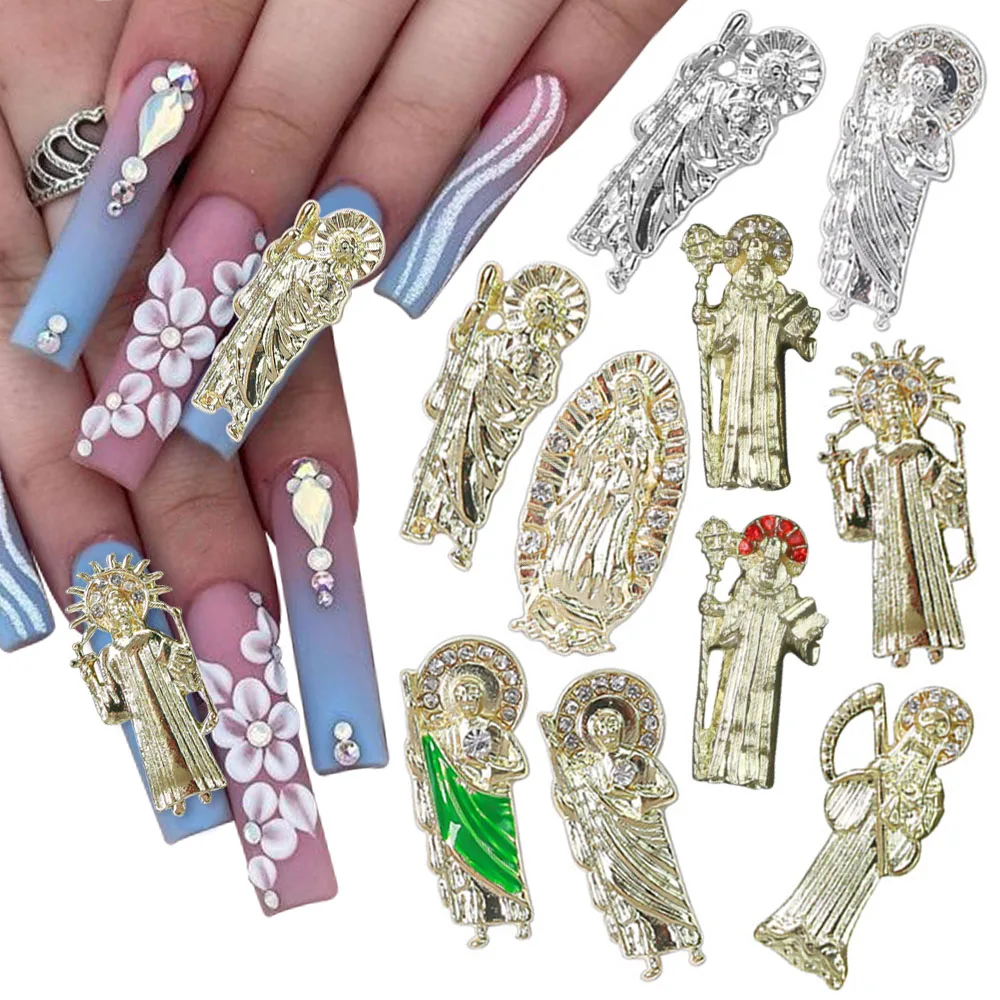 

10 Pcs 3D Jesus Virgin Mary Nail Charms San Judas Nail Charm Alloy Diamond Virgin Mary Buddha Charms for Nails Metal Nail Jewels