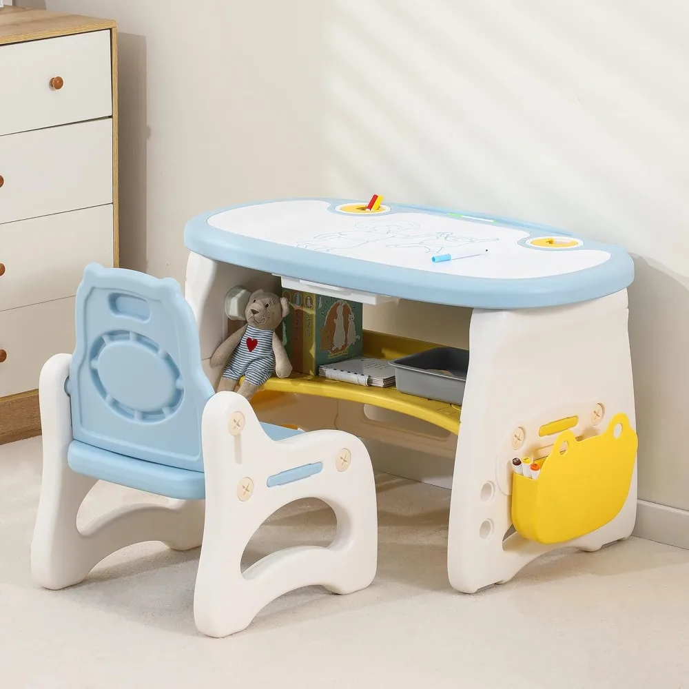 Kids Table and Chair Set The Table Can Be Graffiti and The Height Can Be Raised Lowered for Children Age 2-10