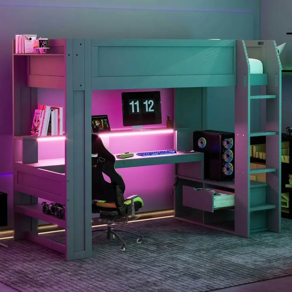 Wood Full Size Gaming Loft Bed Desk, Multi-storage Shelves,LED and Charging Station,Dark Gray Kids Bed Boys Bed Children's Beds 4