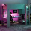 Wood Full Size Gaming Loft Bed Desk, Multi-storage Shelves,LED and Charging Station,Dark Gray Kids Bed Boys Bed Children's Beds 4