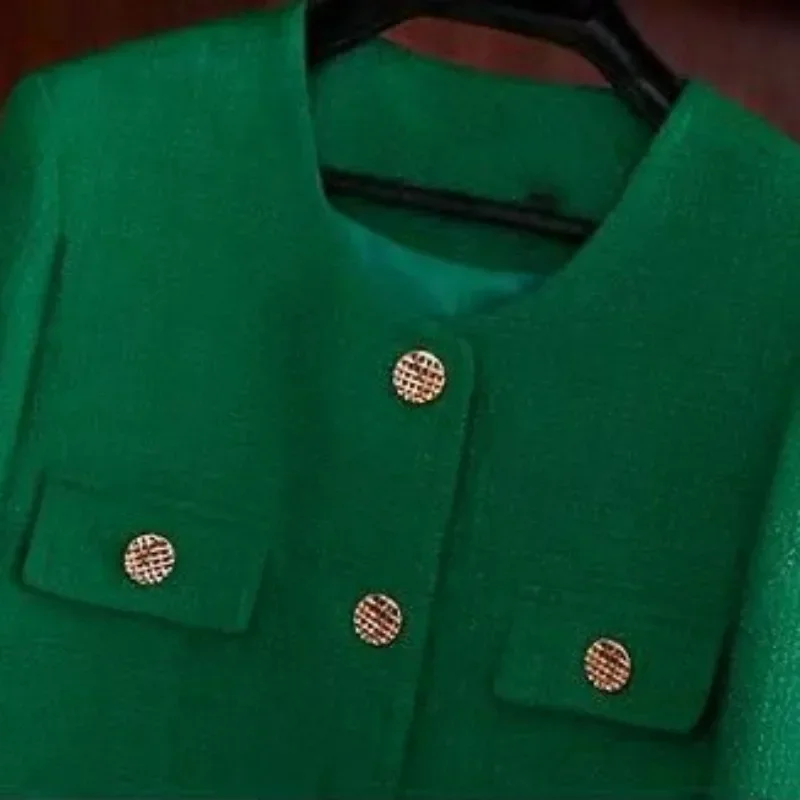 Office Suit Classic Green Cropped Tweed Jackets Spring Fall Korean Elegant Slim Coat Luxury Streetwear Oversize Fashion Outwear
